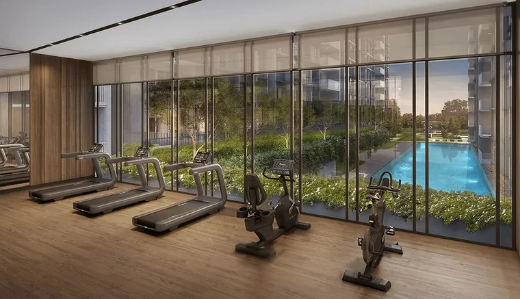 Dunearn Green developer preview render of a gym pavilion beside the pool