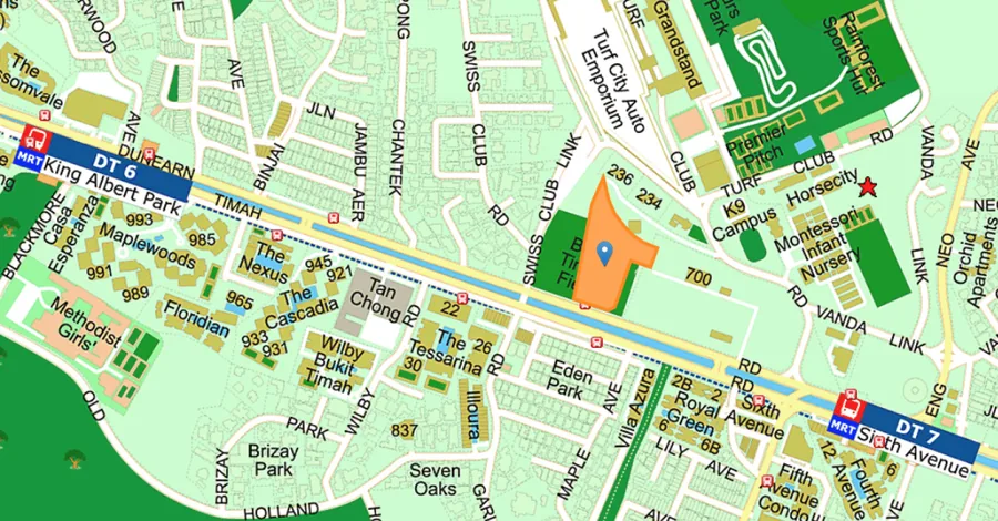 Street map of the Dunearn Green neighbourhood with the site outlined near Swiss Club Road and Turf City