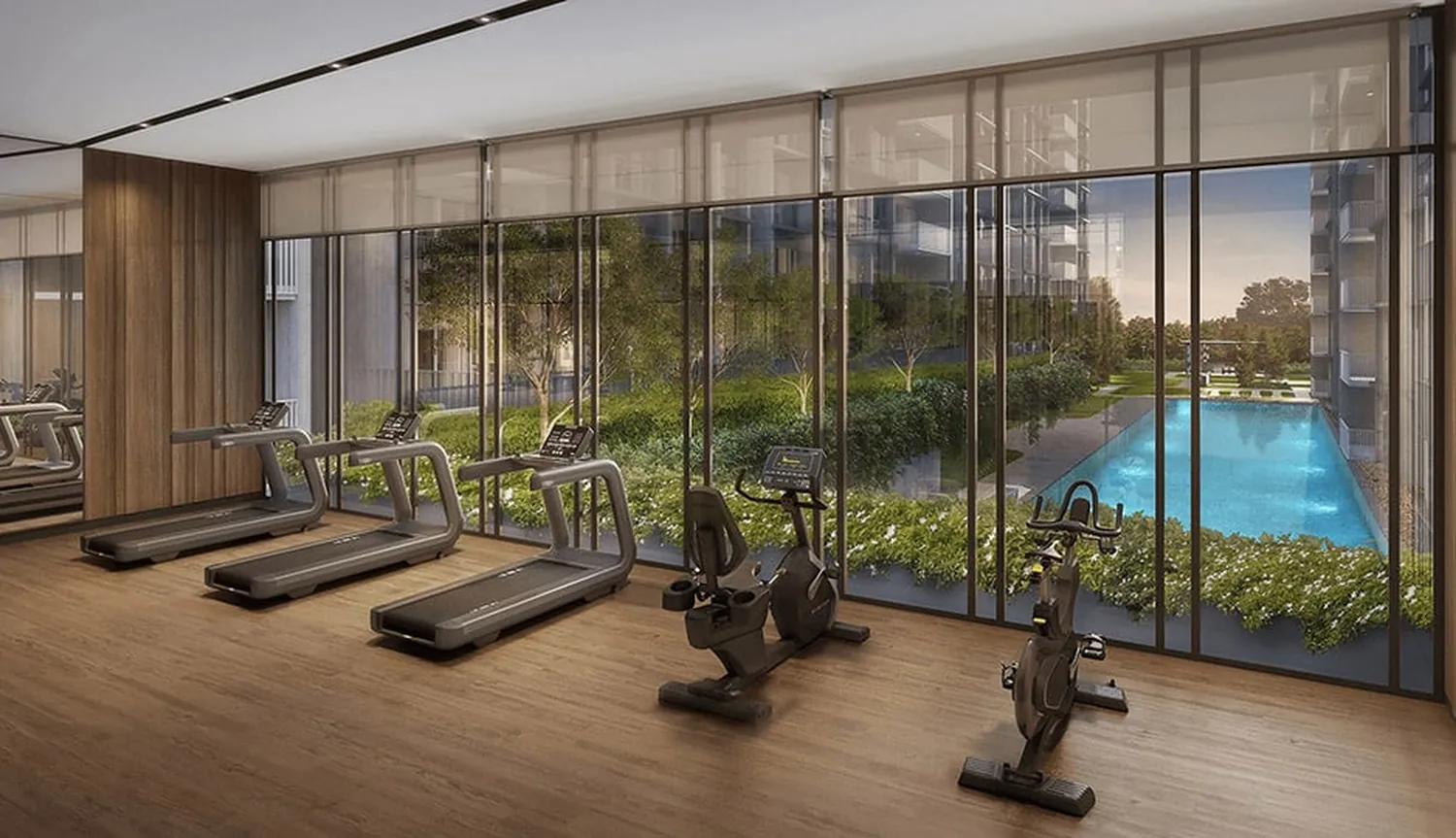 Dunearn Green condominium gym facility render overlooking the lap pool and landscaped grounds