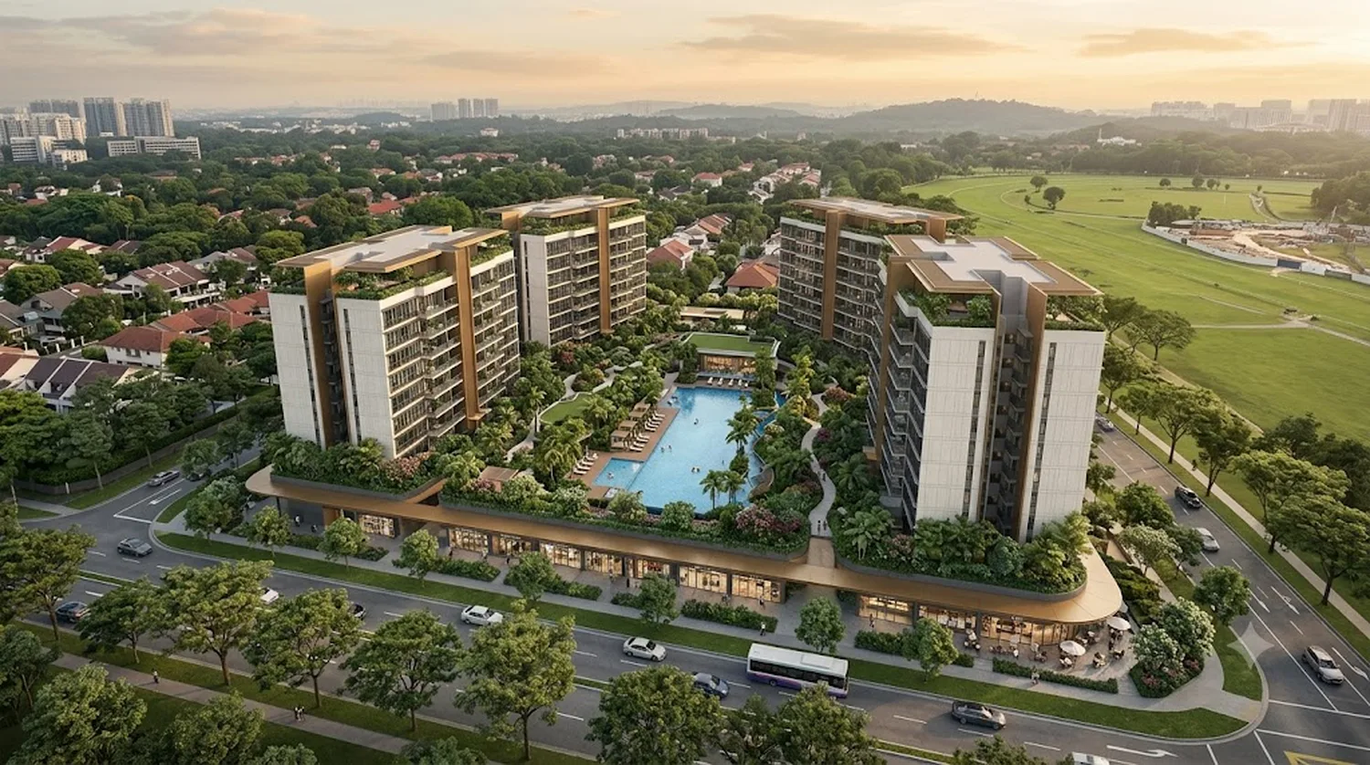 Aerial artist’s impression of Dunearn Green — mid-rise blocks with sky terraces around a central lap pool, fronting Dunearn Road beside Turf City parkland