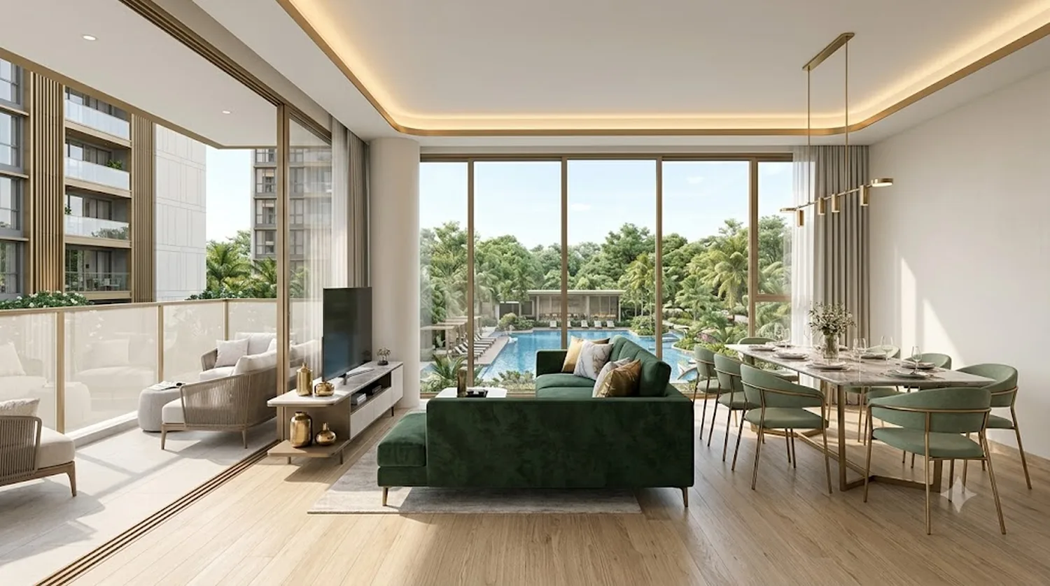 Artist’s impression of a Dunearn Green living and dining room with forest-green sofa and pool-facing full-height windows