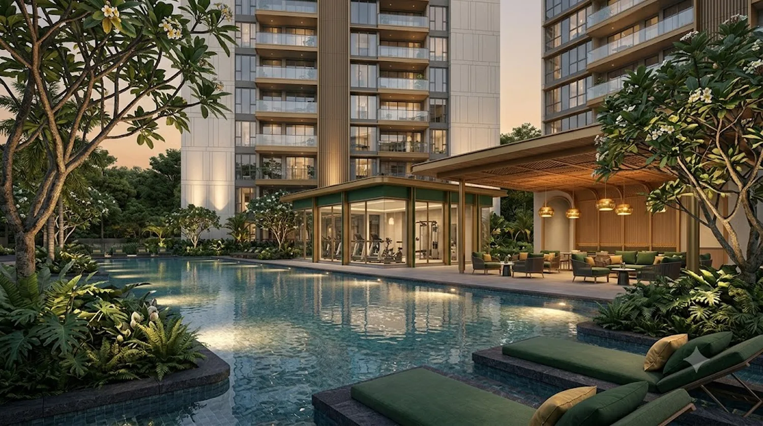 Artist’s impression of the Dunearn Green pool deck at dusk with a glass-walled gym pavilion and clubhouse lounge